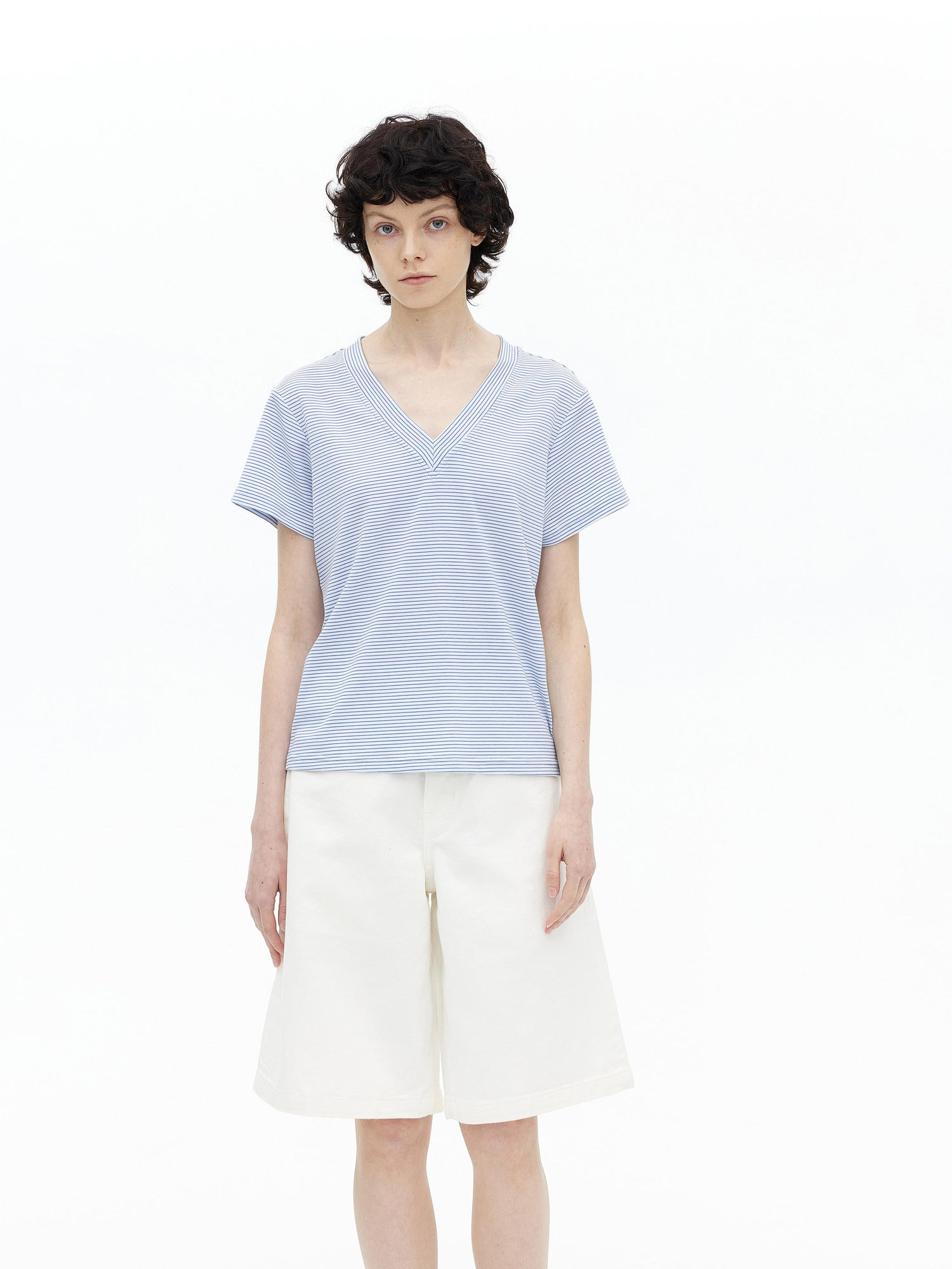AFTADAWN V-Neck Striped Lyocell Tee