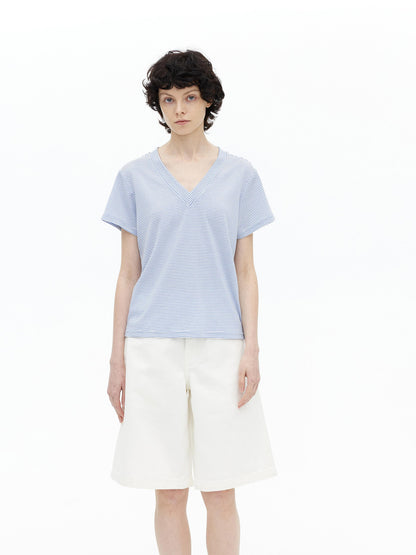 AFTADAWN V-Neck Striped Lyocell Tee