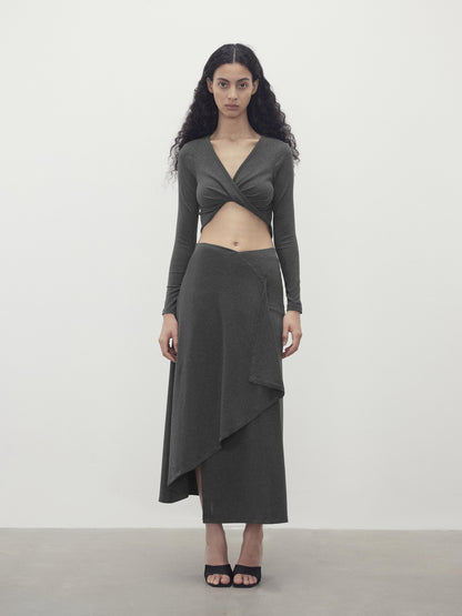 AFTADAWN V-Neck Twist Top Asymmetrical Skirt Set