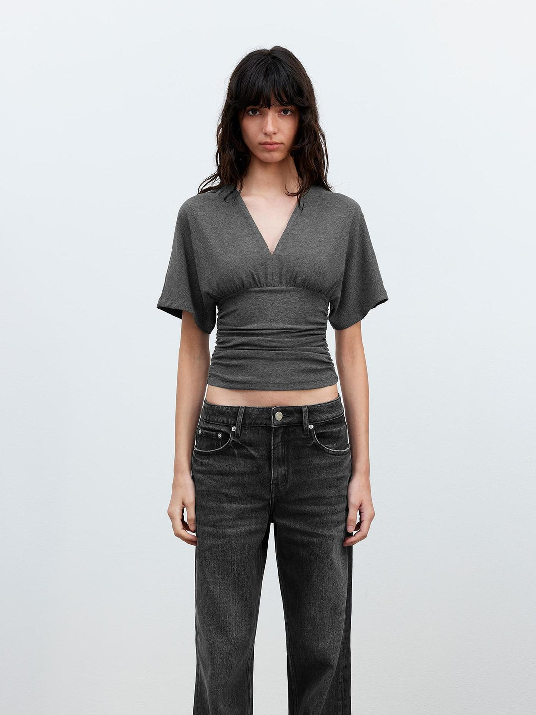 AFTADAWN V-Neck Waist-Defining Batwing Sleeve Layered T-Shirt