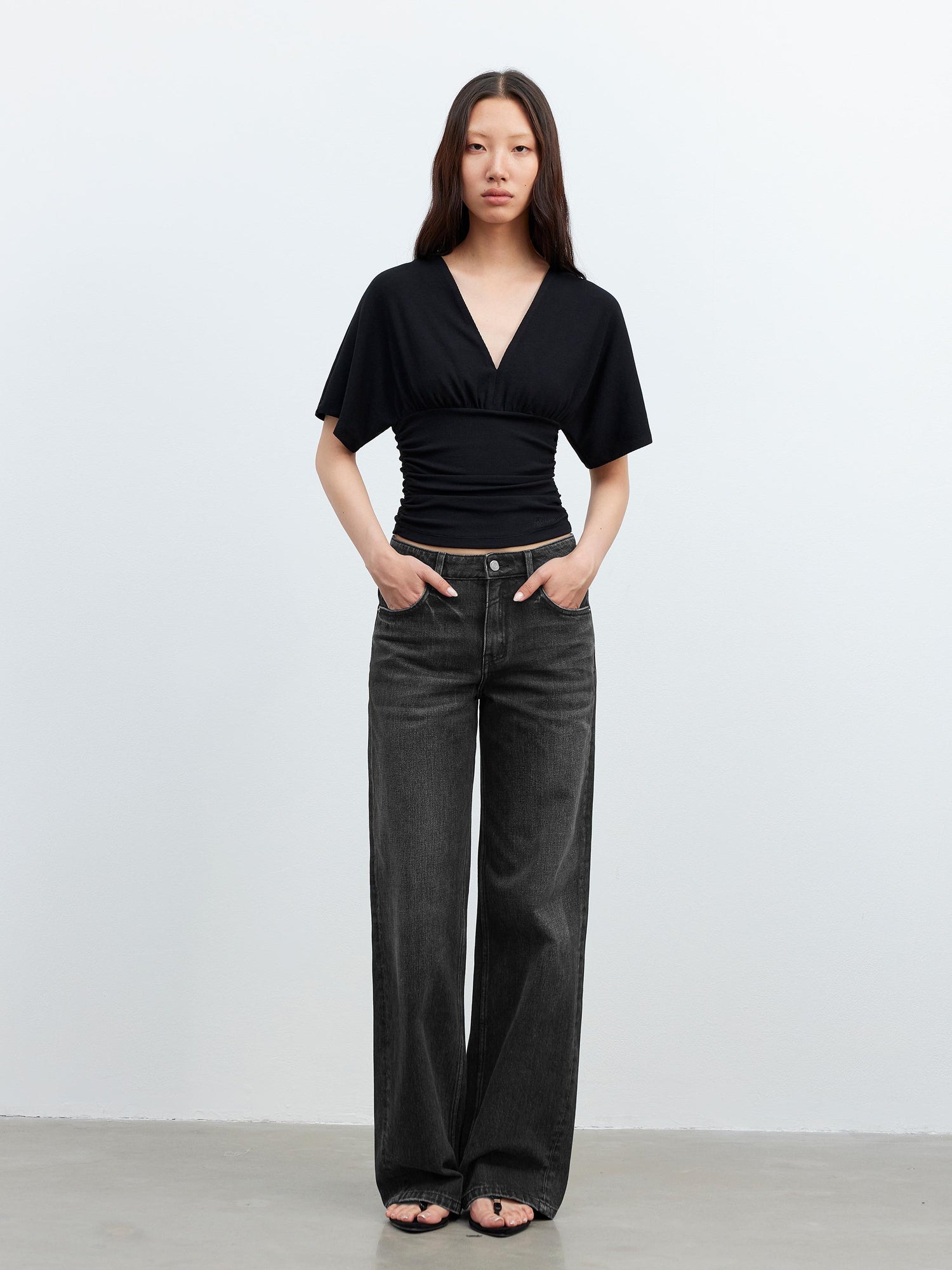 AFTADAWN V-Neck Waist-Defining Batwing Sleeve Layered T-Shirt