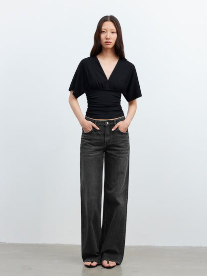 AFTADAWN V-Neck Waist-Defining Batwing Sleeve Layered T-Shirt