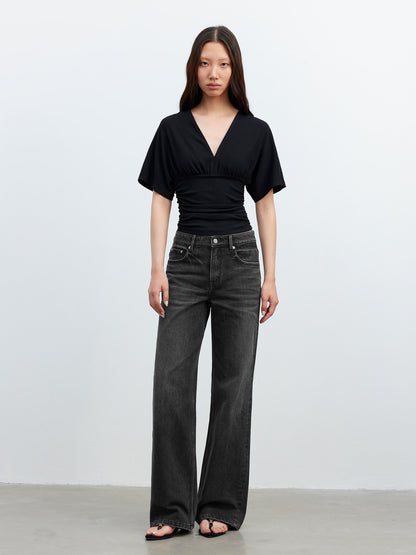 AFTADAWN V-Neck Waist-Defining Batwing Sleeve Layered T-Shirt