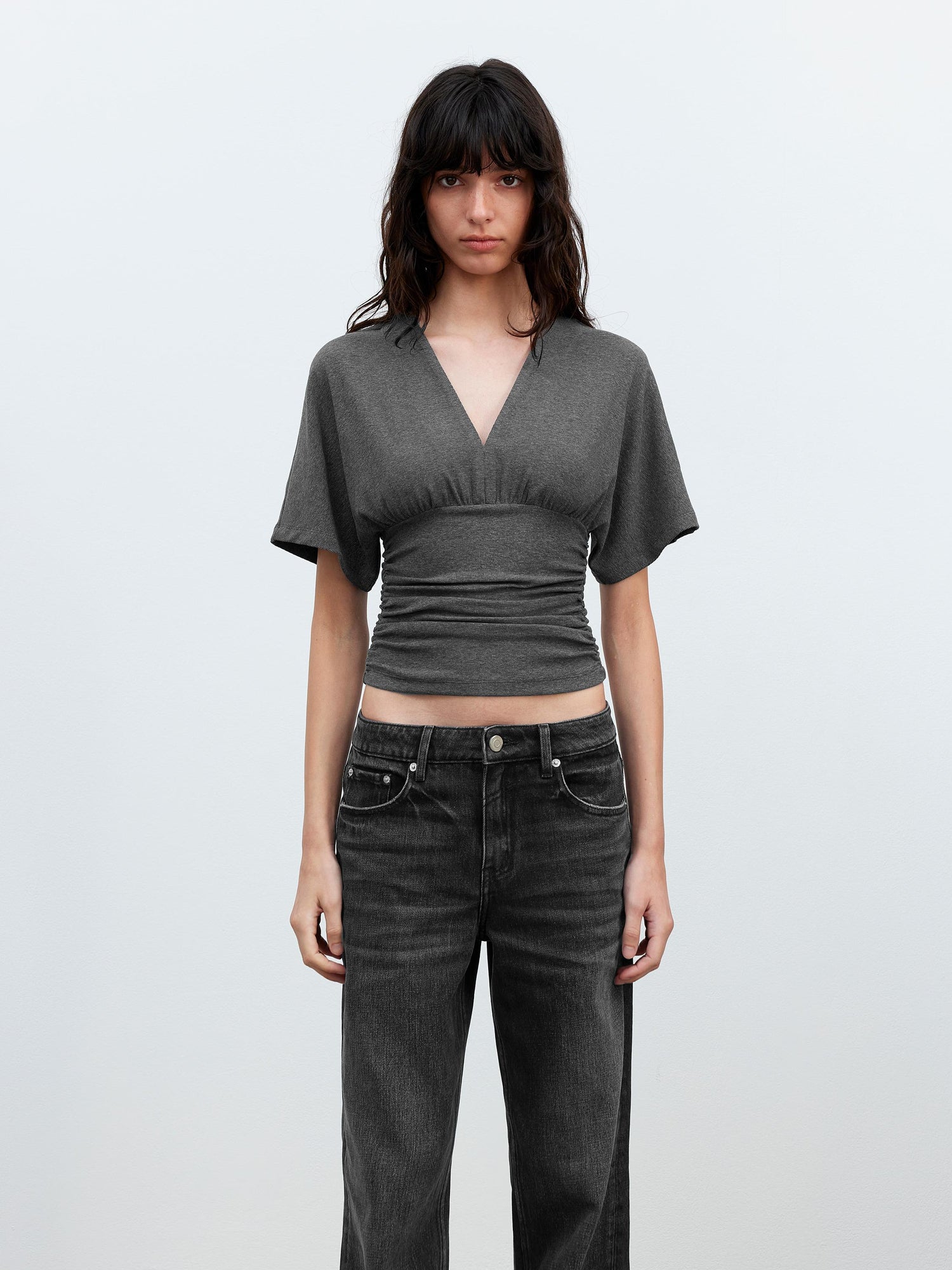 AFTADAWN V-Neck Waist-Defining Batwing Sleeve Layered T-Shirt