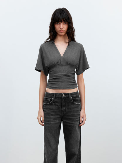 AFTADAWN V-Neck Waist-Defining Batwing Sleeve Layered T-Shirt
