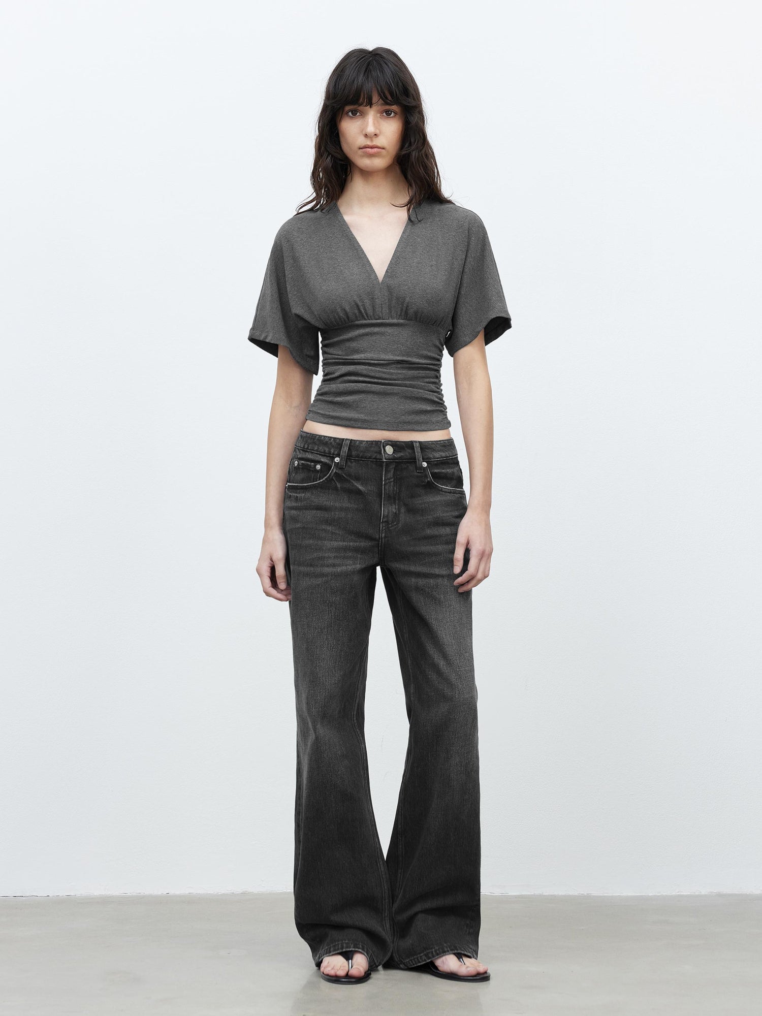 AFTADAWN V-Neck Waist-Defining Batwing Sleeve Layered T-Shirt