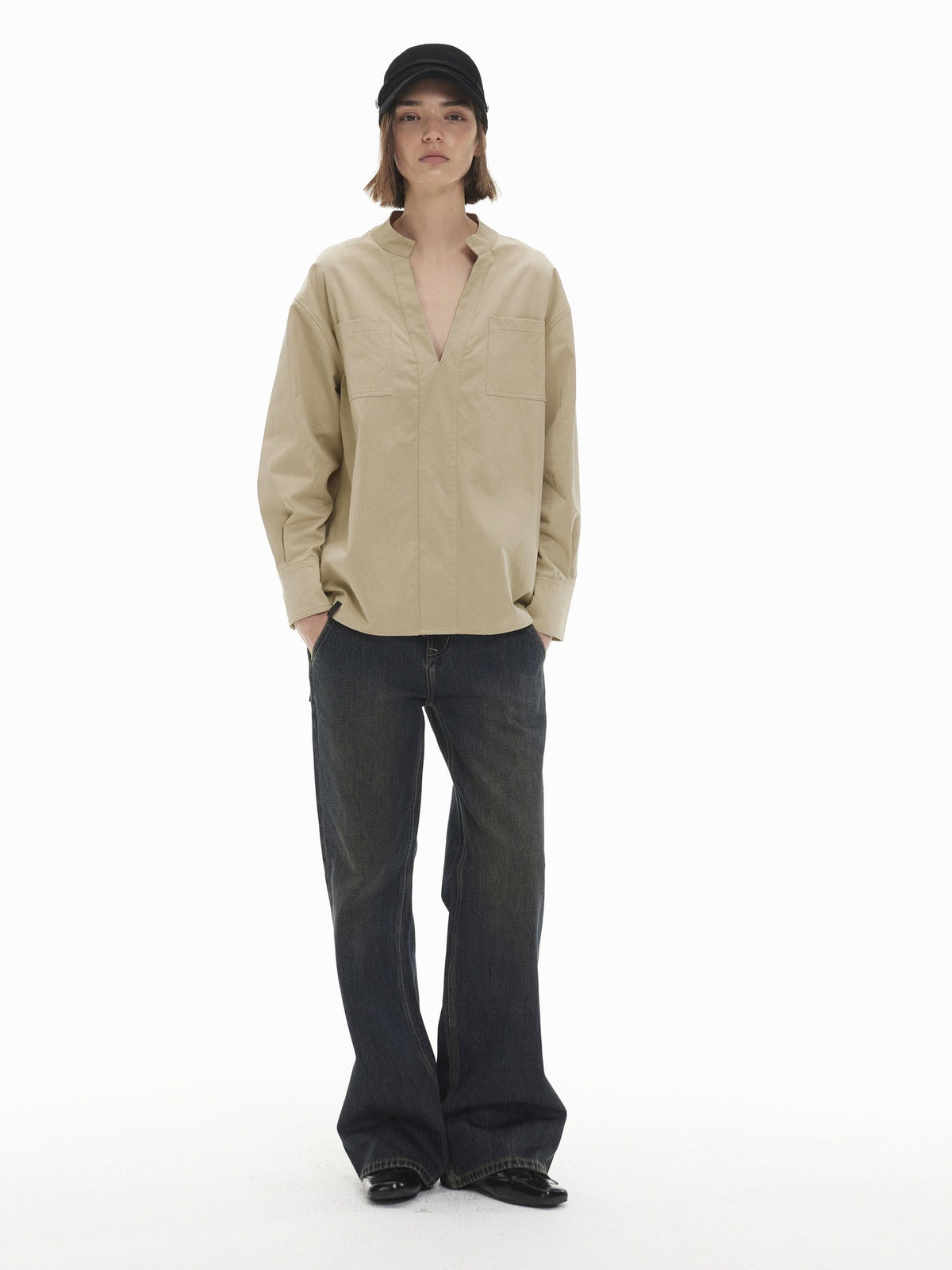 AFTADAWN V-neck Double Pocket Loose Lyocell Women&