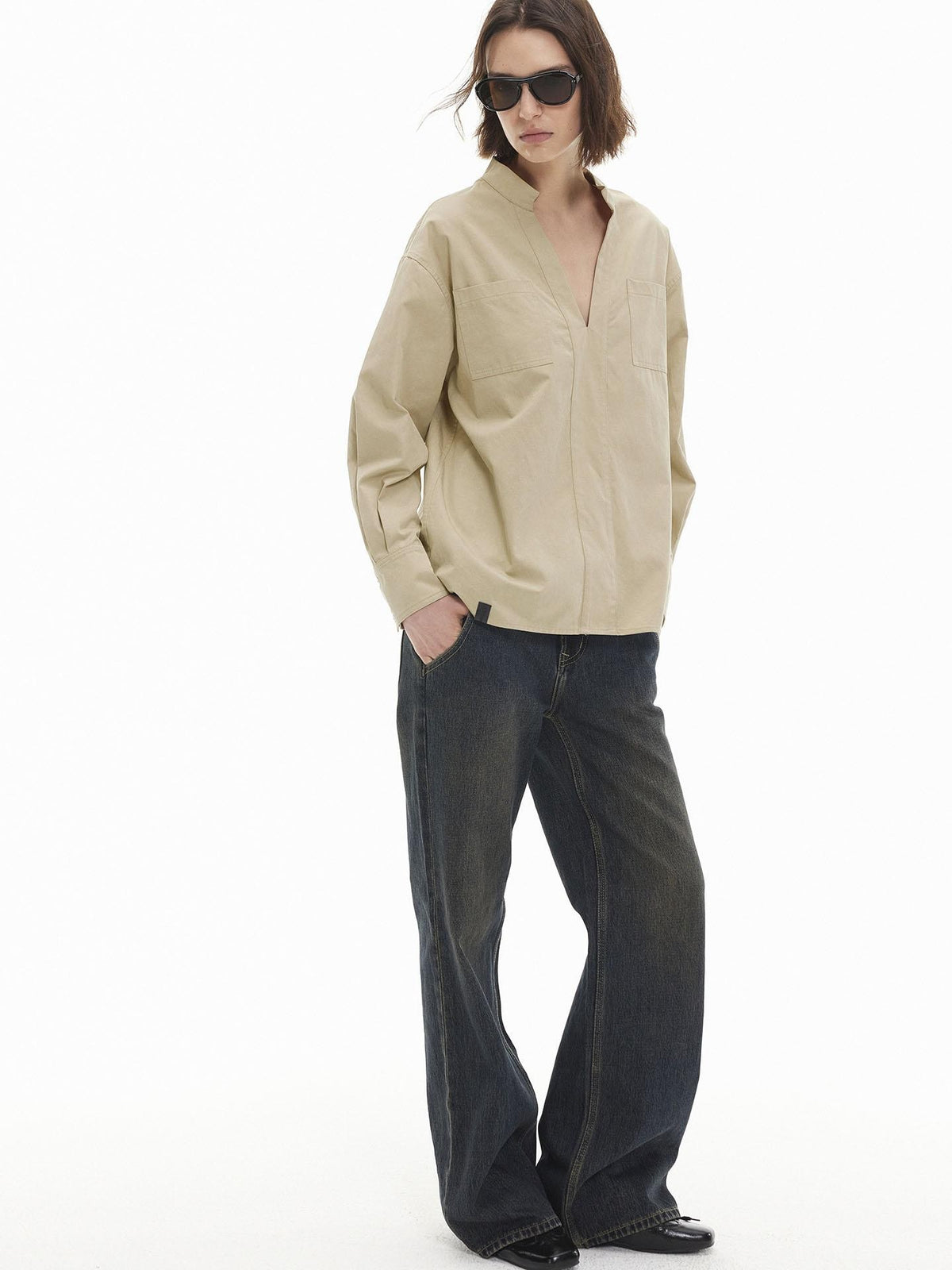 AFTADAWN V-neck Double Pocket Loose Lyocell Women&