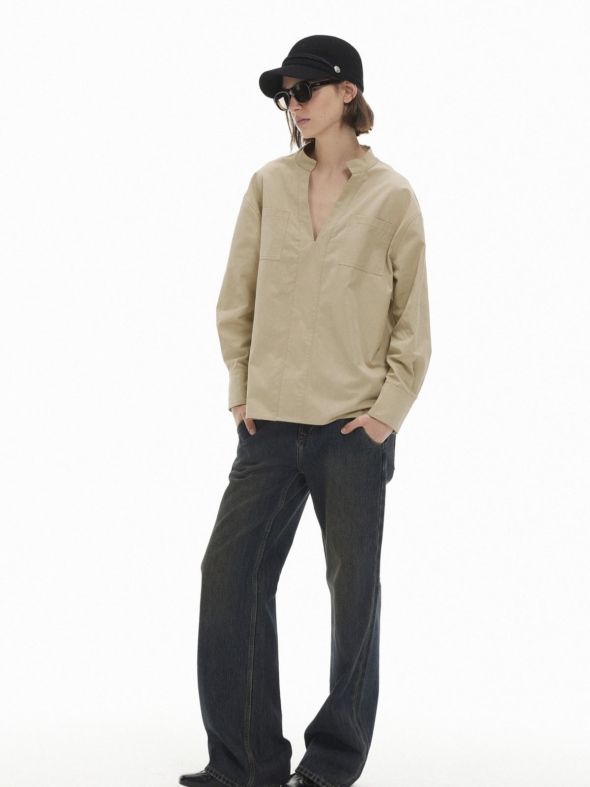 AFTADAWN V-neck Double Pocket Loose Lyocell Women&