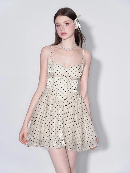 V Waist Flocked Dot Sheer Mesh Dress