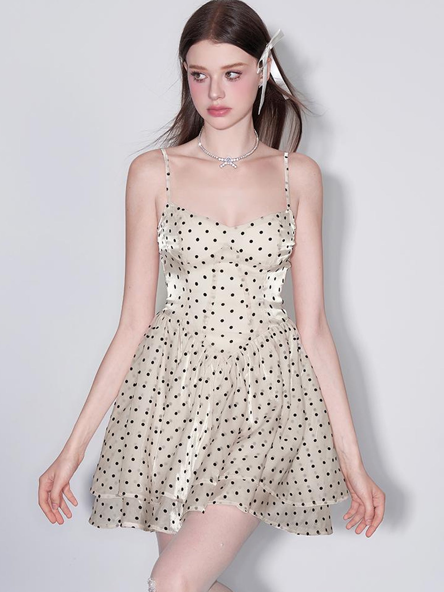 AFTADAWN V Waist Flocked Dot Sheer Mesh Dress