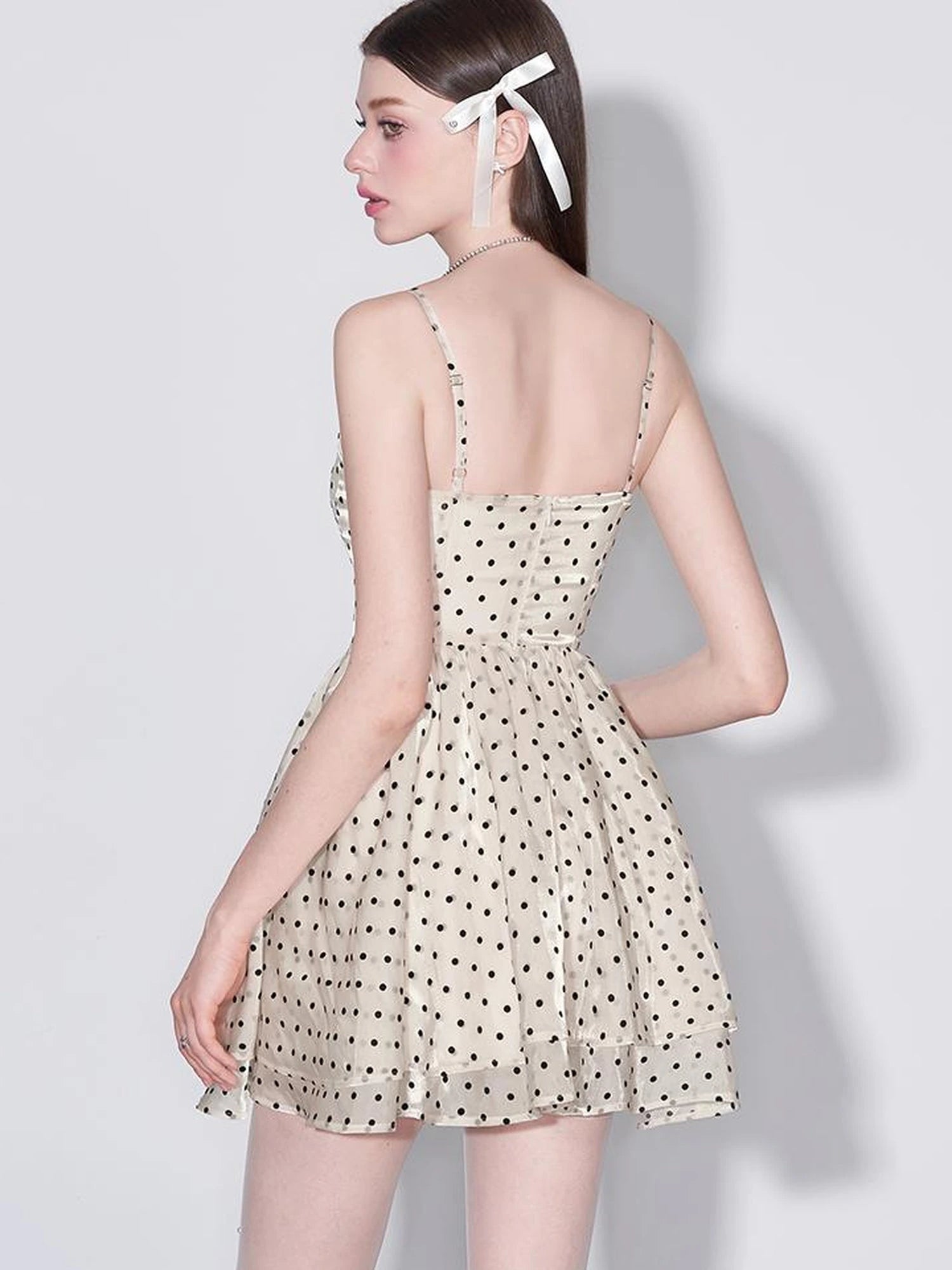 V Waist Flocked Dot Sheer Mesh Dress