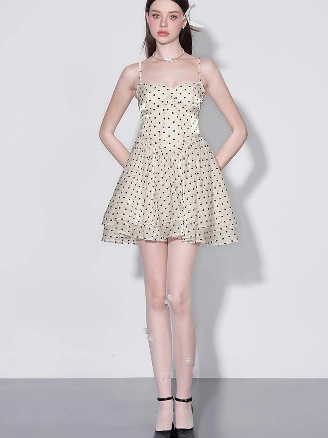 V Waist Flocked Dot Sheer Mesh Dress