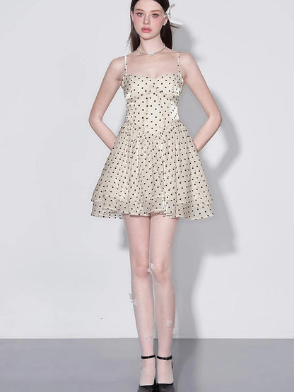 V Waist Flocked Dot Sheer Mesh Dress