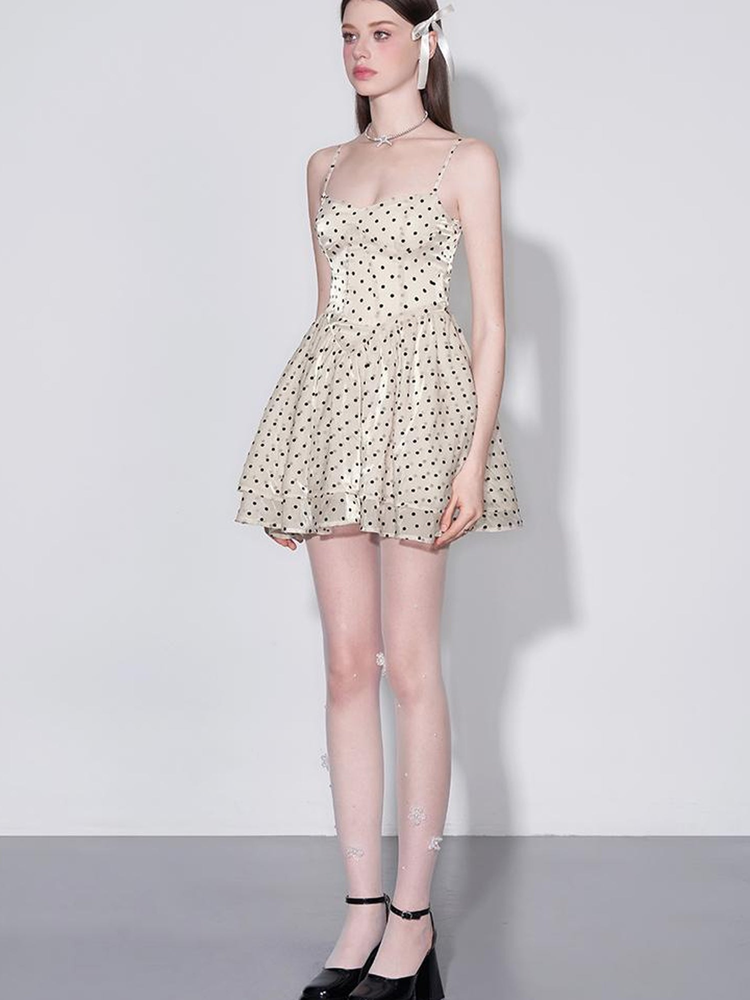 AFTADAWN V Waist Flocked Dot Sheer Mesh Dress