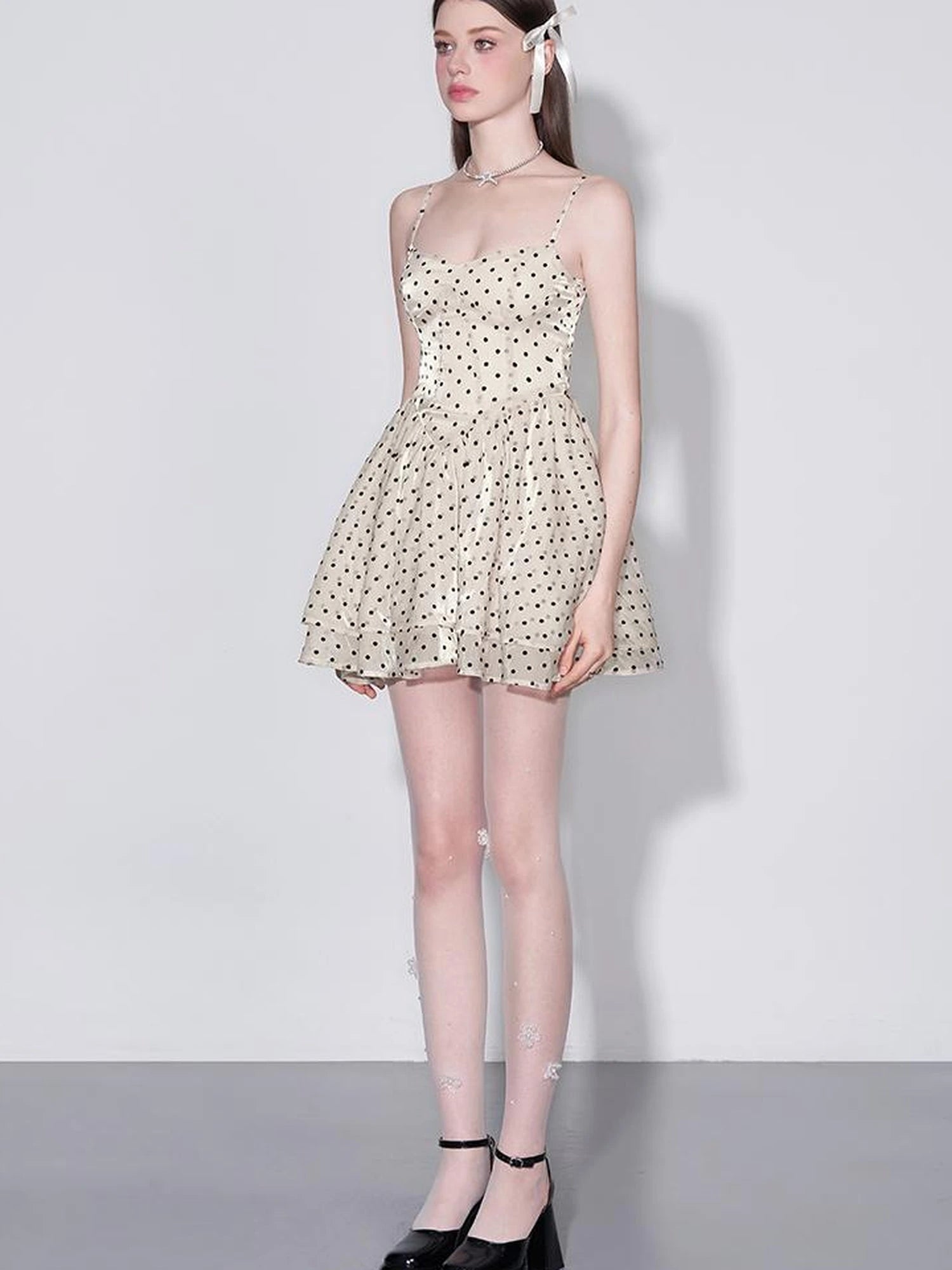 V Waist Flocked Dot Sheer Mesh Dress