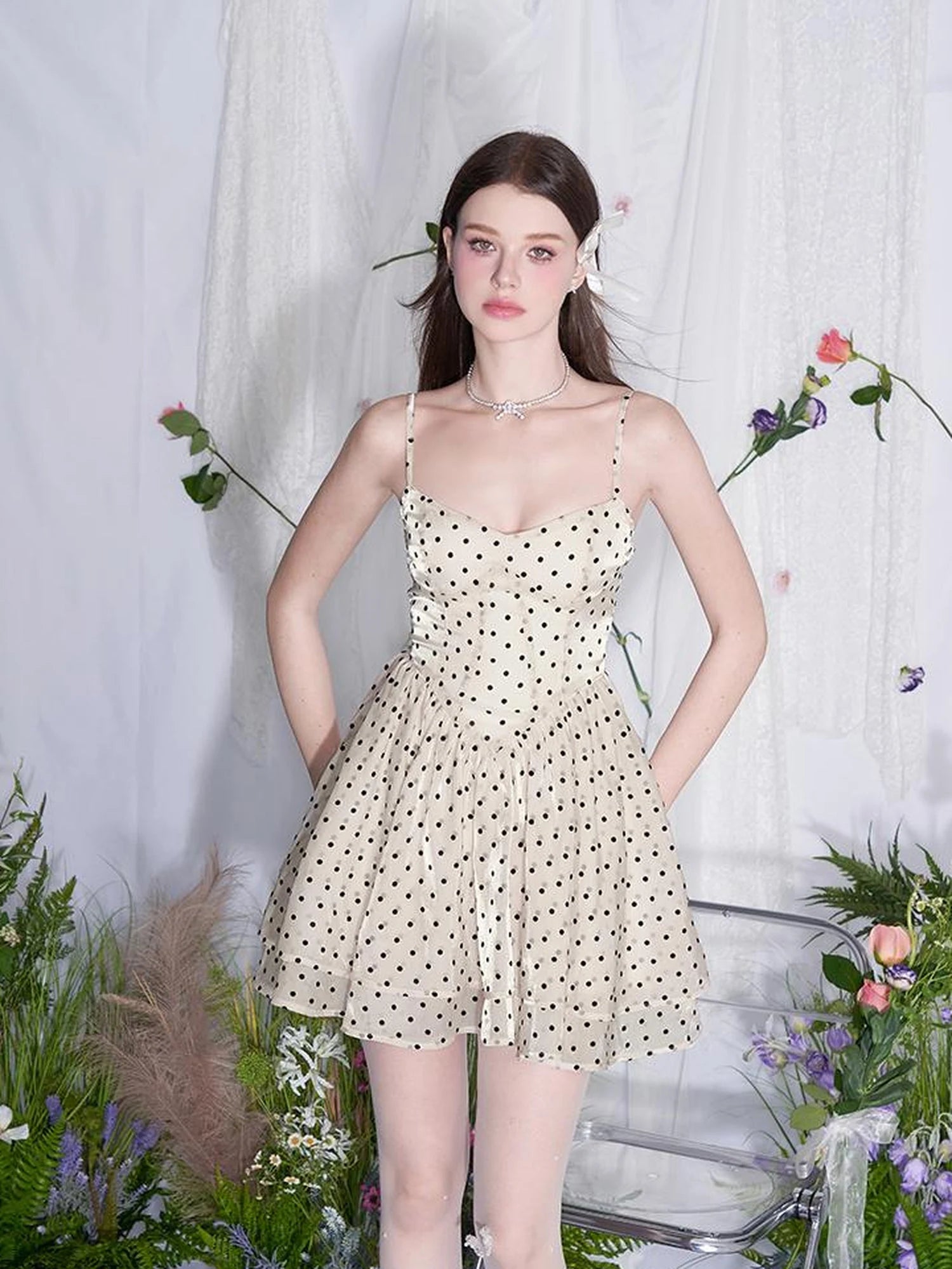 V Waist Flocked Dot Sheer Mesh Dress