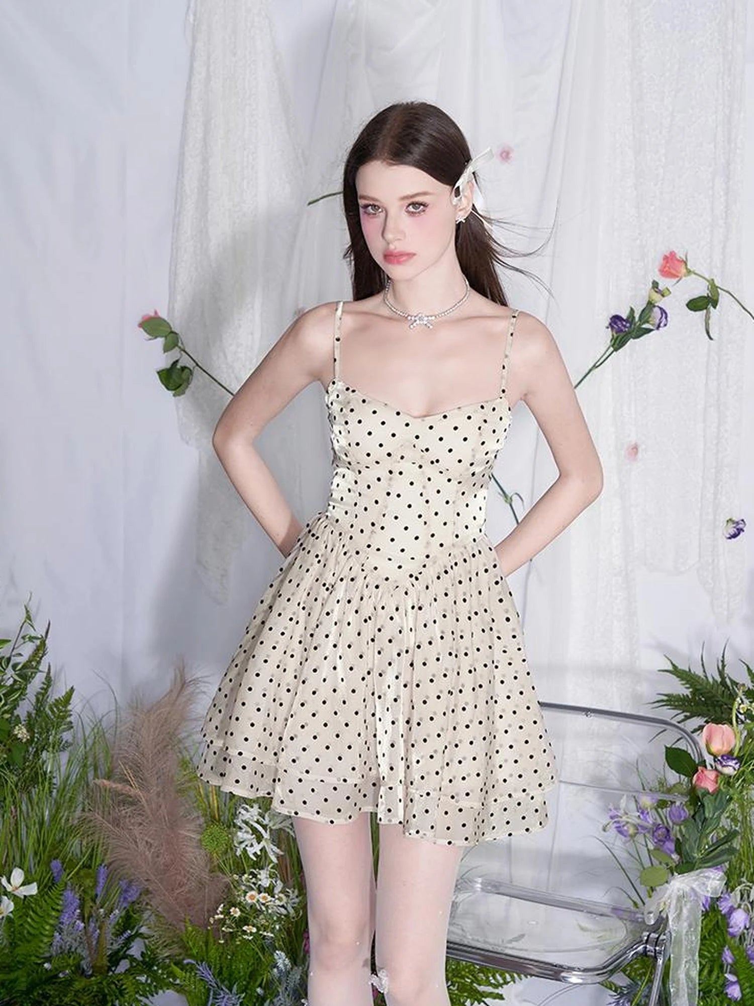 V Waist Flocked Dot Sheer Mesh Dress