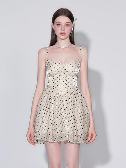 AFTADAWN V Waist Flocked Dot Sheer Mesh Dress