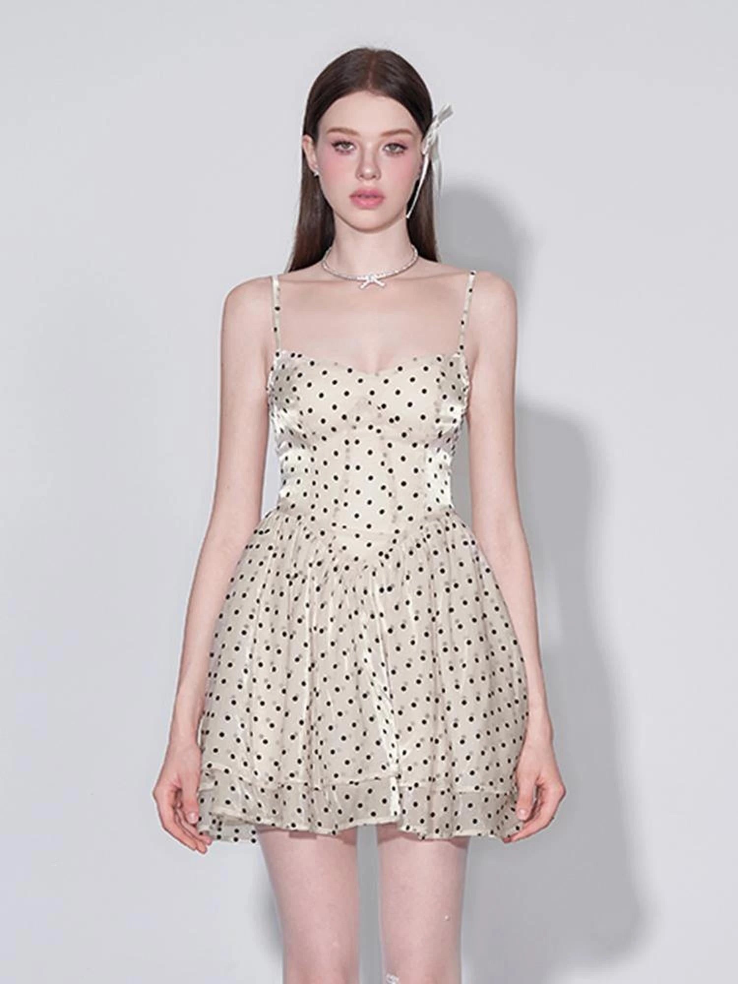 V Waist Flocked Dot Sheer Mesh Dress