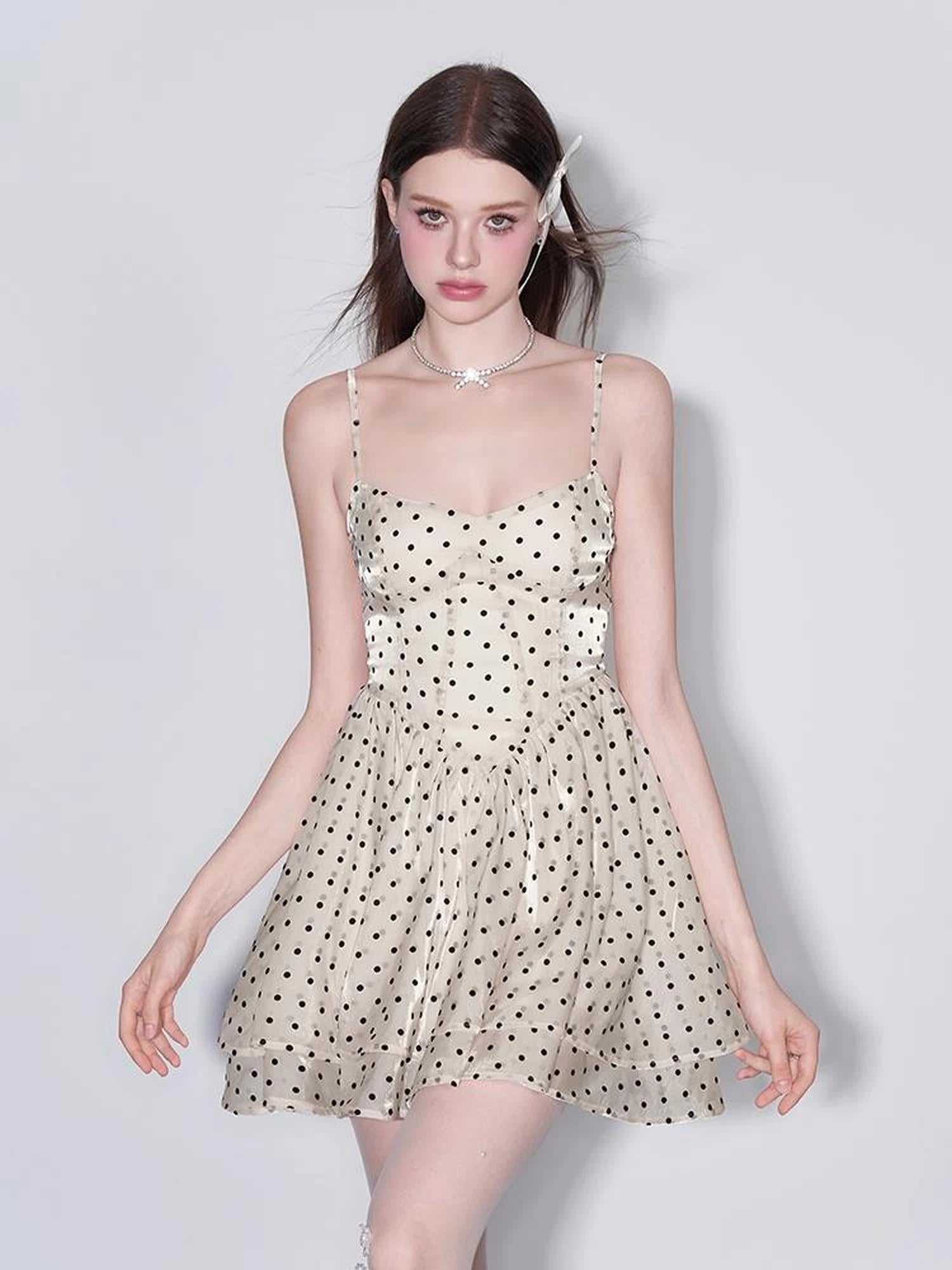 V Waist Flocked Dot Sheer Mesh Dress
