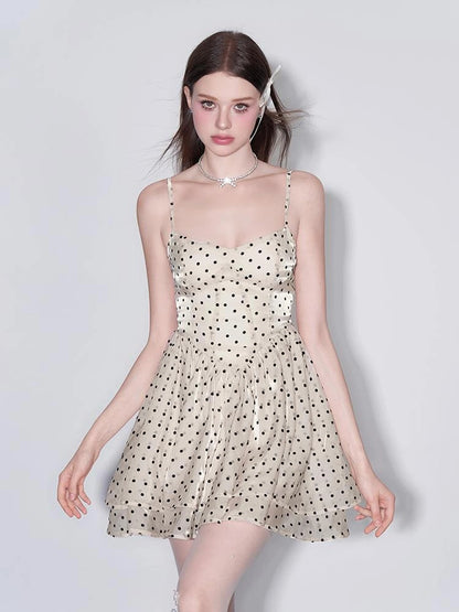 V Waist Flocked Dot Sheer Mesh Dress