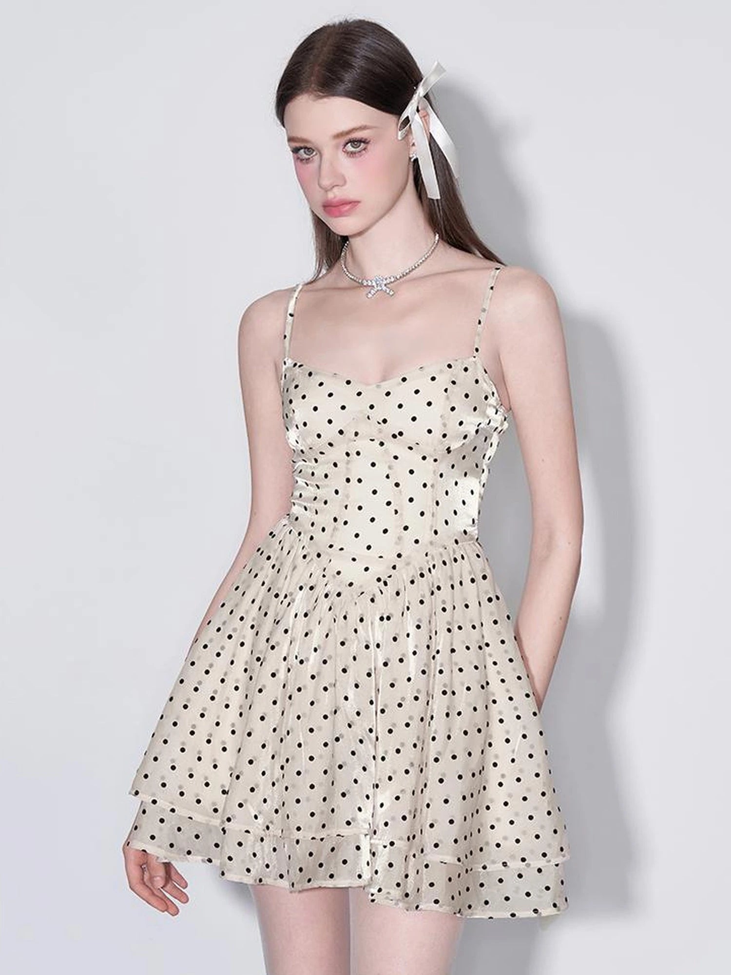V Waist Flocked Dot Sheer Mesh Dress