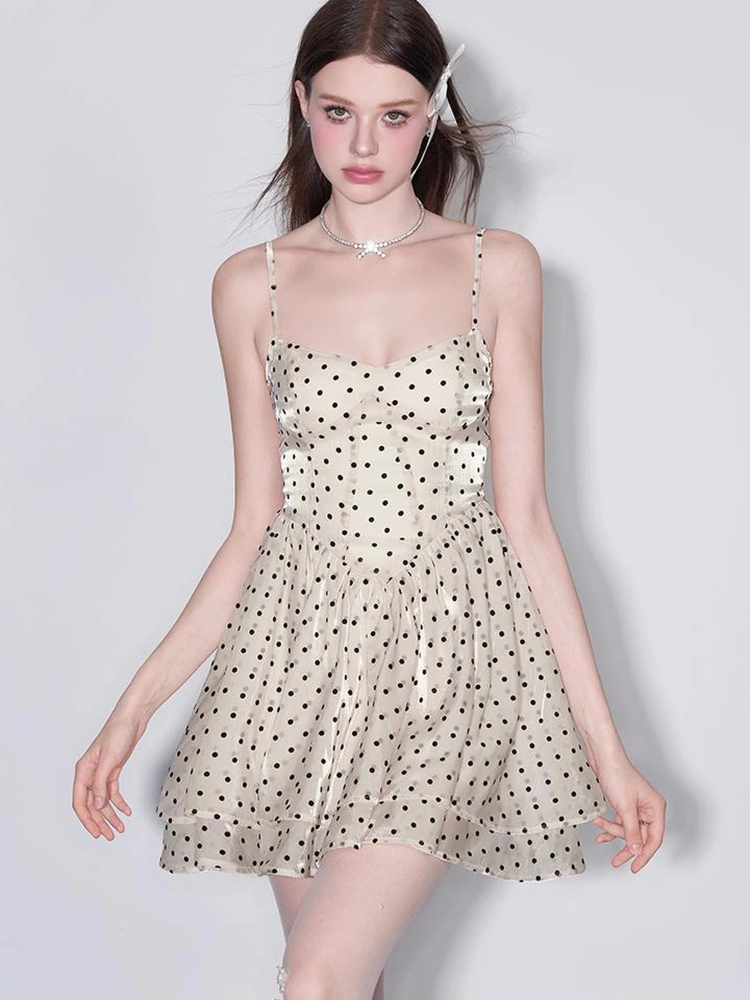 V Waist Flocked Dot Sheer Mesh Dress
