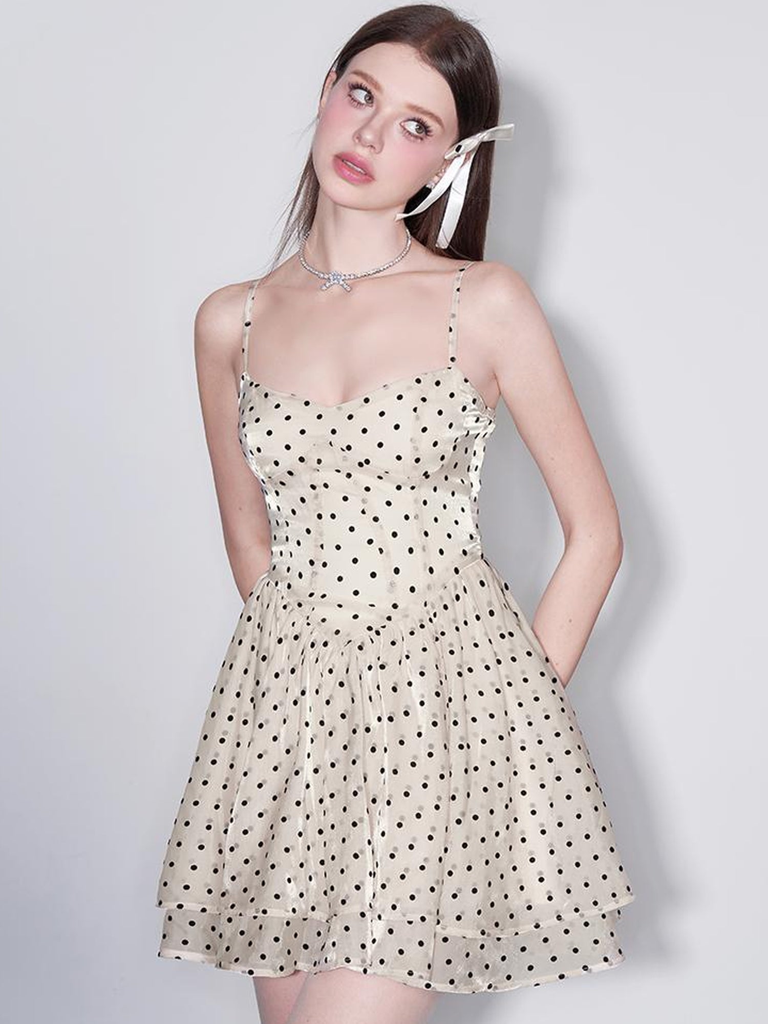 AFTADAWN V Waist Flocked Dot Sheer Mesh Dress
