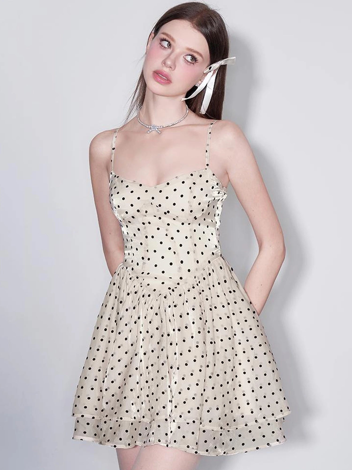 V Waist Flocked Dot Sheer Mesh Dress