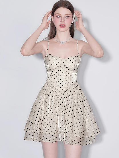 AFTADAWN V Waist Flocked Dot Sheer Mesh Dress
