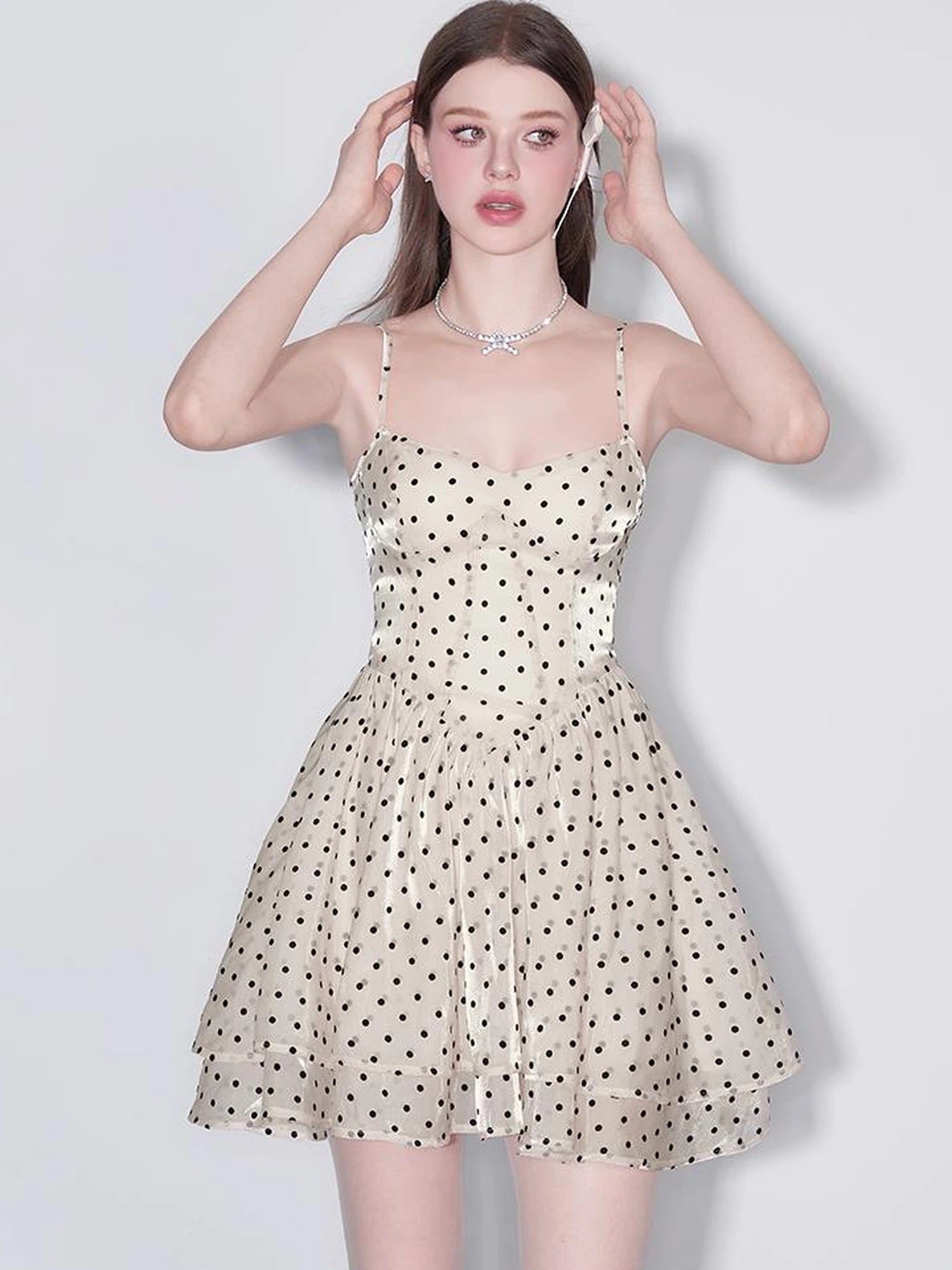 V Waist Flocked Dot Sheer Mesh Dress