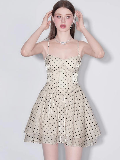V Waist Flocked Dot Sheer Mesh Dress