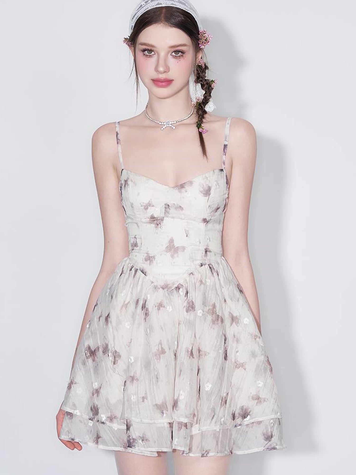 AFTADAWN V Waist Floral Embroidered Watercolor Print Flowing Gown