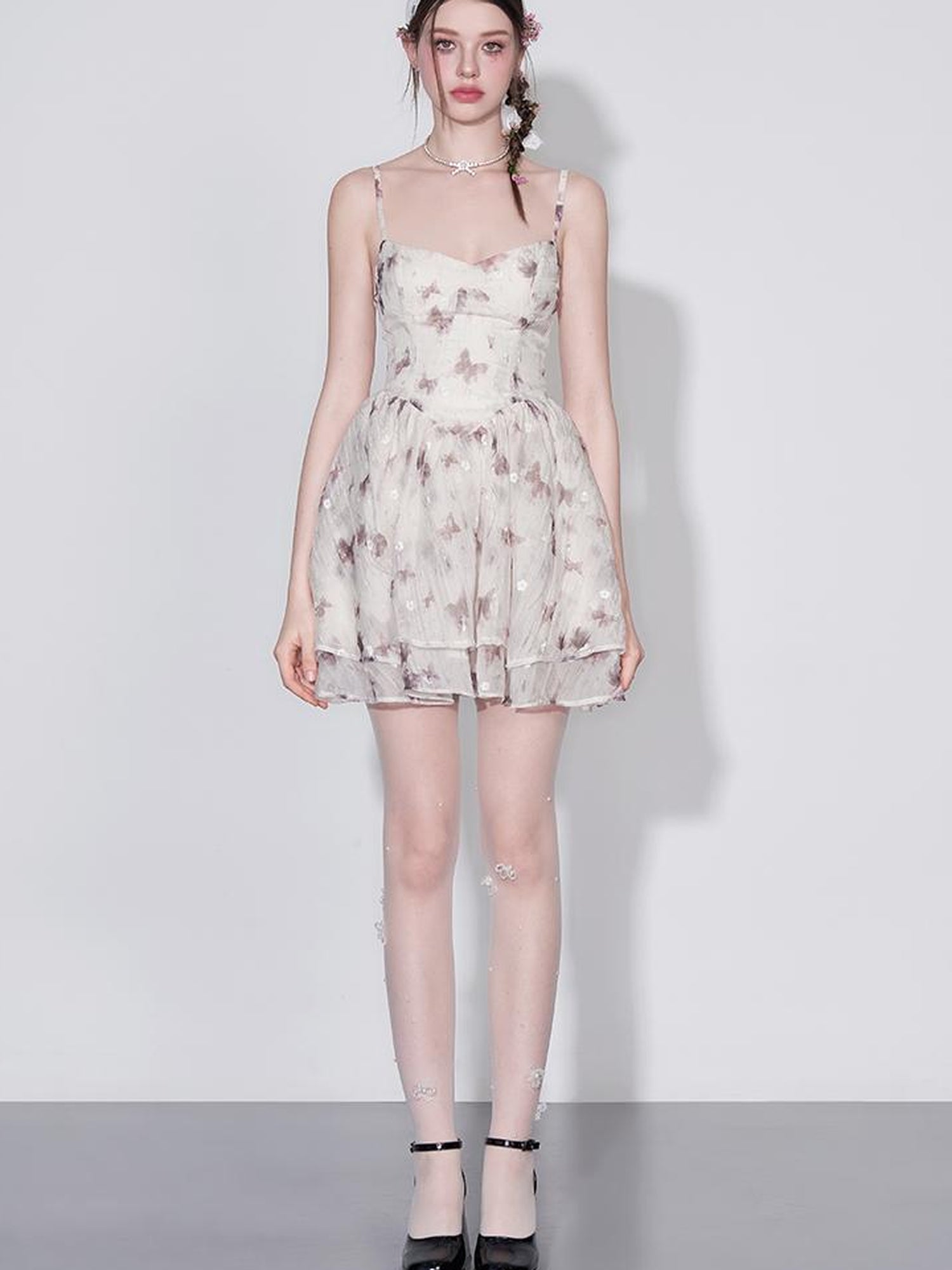 AFTADAWN V Waist Floral Embroidered Watercolor Print Flowing Gown