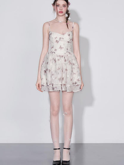 AFTADAWN V Waist Floral Embroidered Watercolor Print Flowing Gown