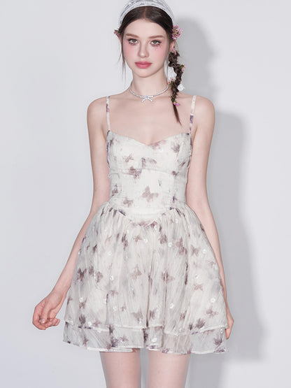 AFTADAWN V Waist Floral Embroidered Watercolor Print Flowing Gown
