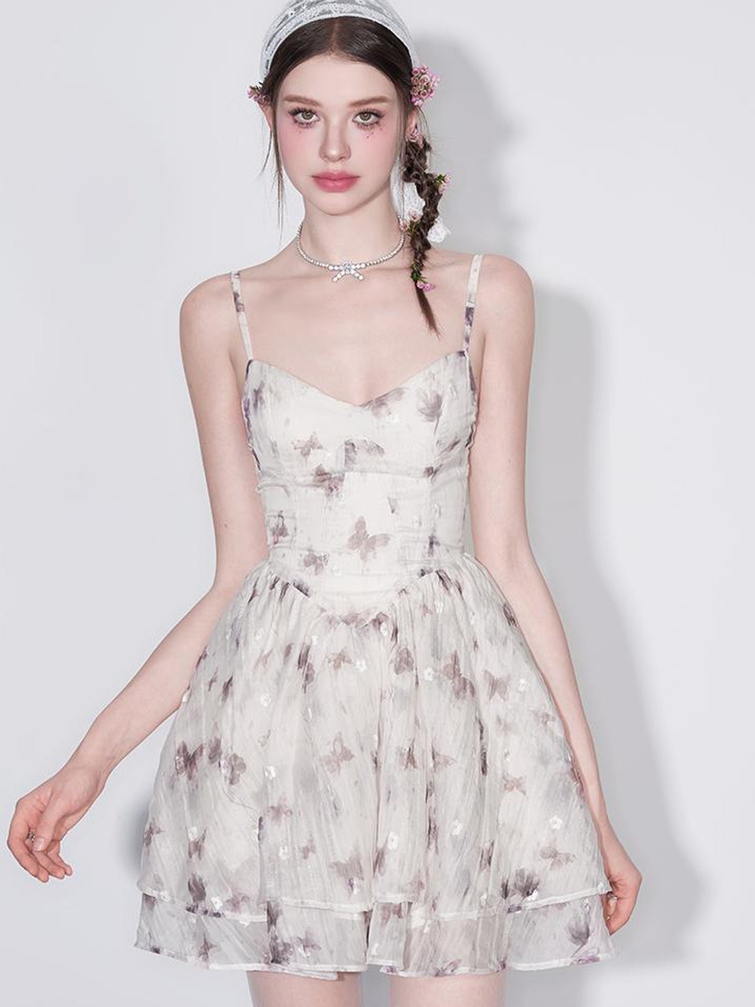 AFTADAWN V Waist Floral Embroidered Watercolor Print Flowing Gown