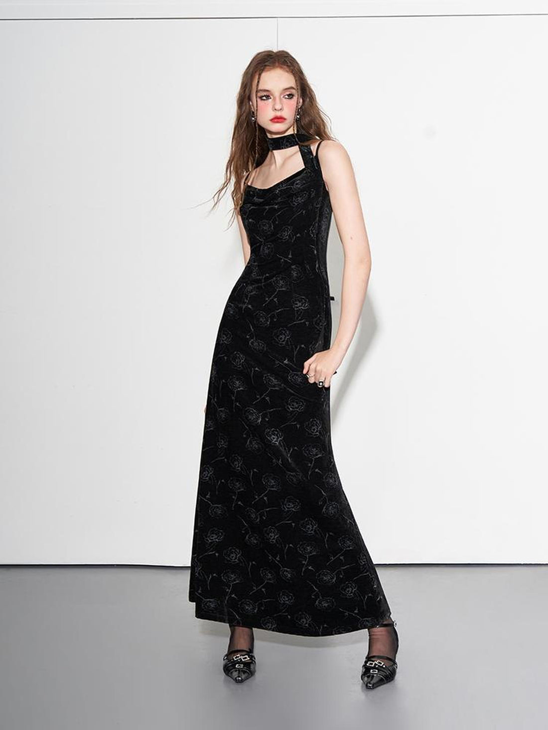 AFTADAWN Velvet Rose Draped Neckline Slip Maxi Dress With Scarf