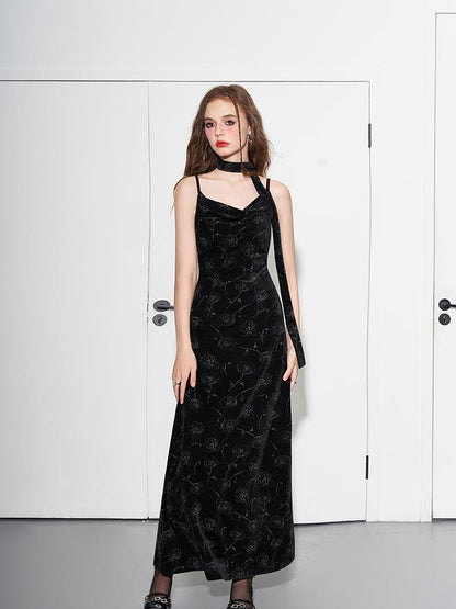 AFTADAWN Velvet Rose Draped Neckline Slip Maxi Dress With Scarf