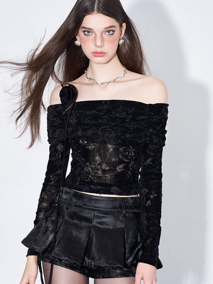 AFTADAWN Velvet Rose Flocked Off Shoulder Top