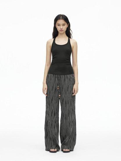AFTADAWN Vertical Check Textured Beaded Drawstring Women&