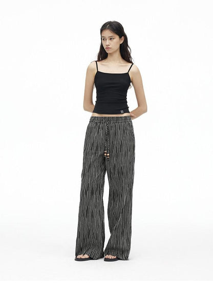 AFTADAWN Vertical Check Textured Beaded Drawstring Women&