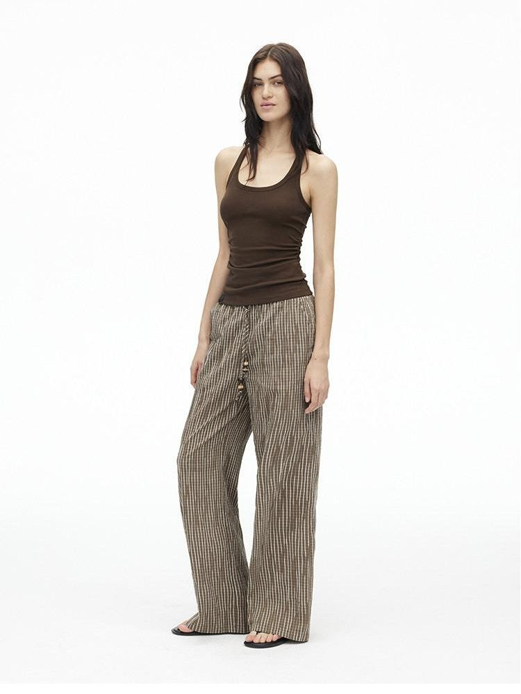 AFTADAWN Vertical Check Textured Beaded Drawstring Women&