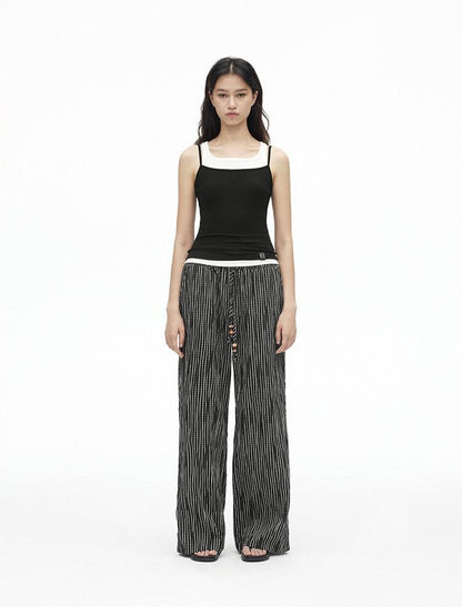 AFTADAWN Vertical Check Textured Beaded Drawstring Women&