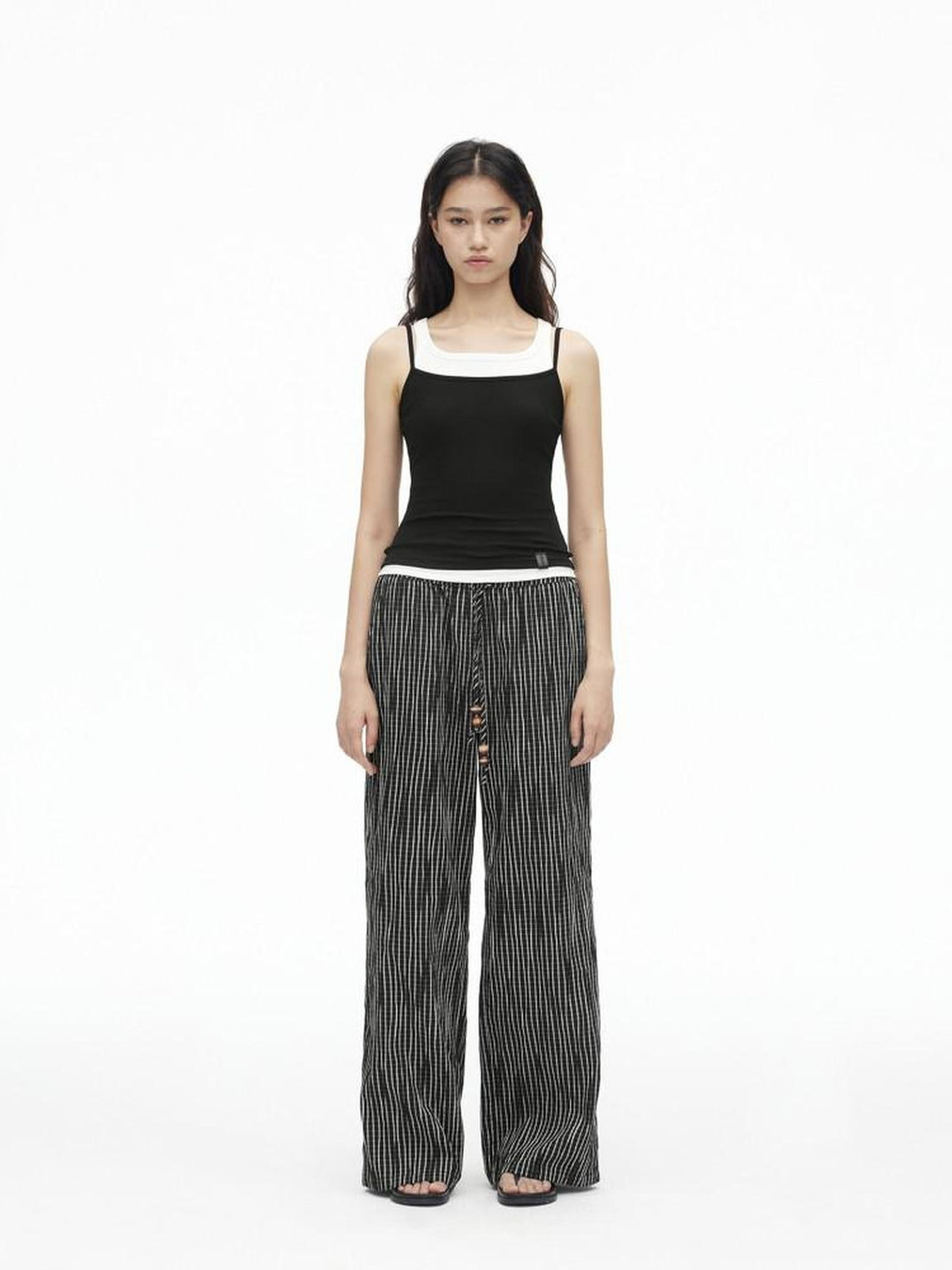 AFTADAWN Vertical Check Textured Beaded Drawstring Women&