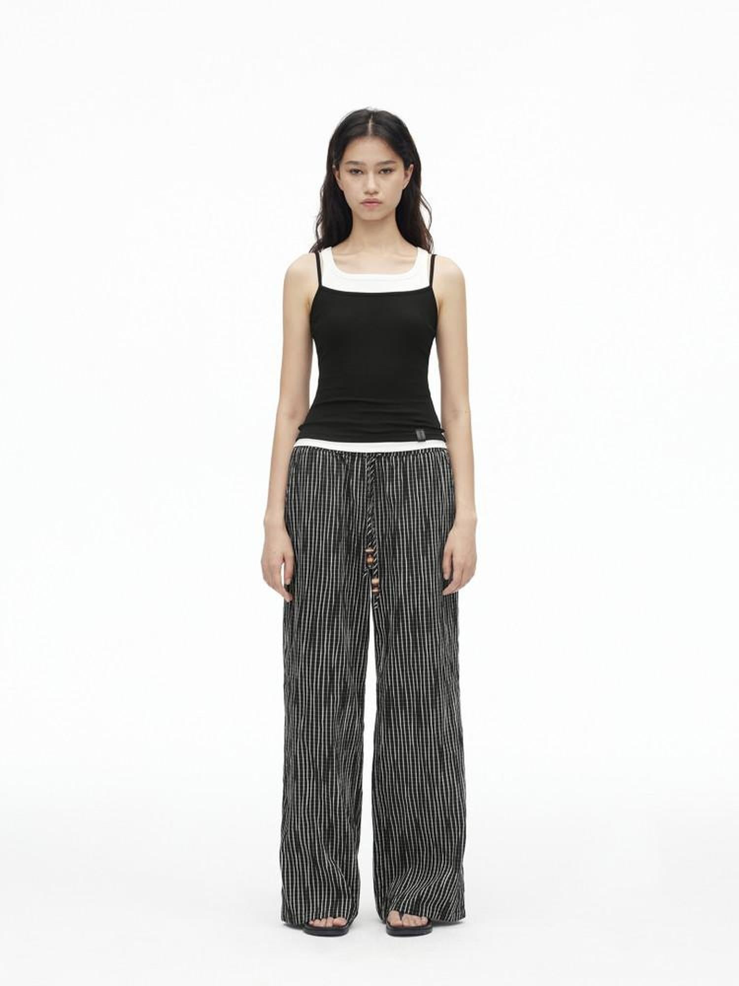 AFTADAWN Vertical Check Textured Beaded Drawstring Women&