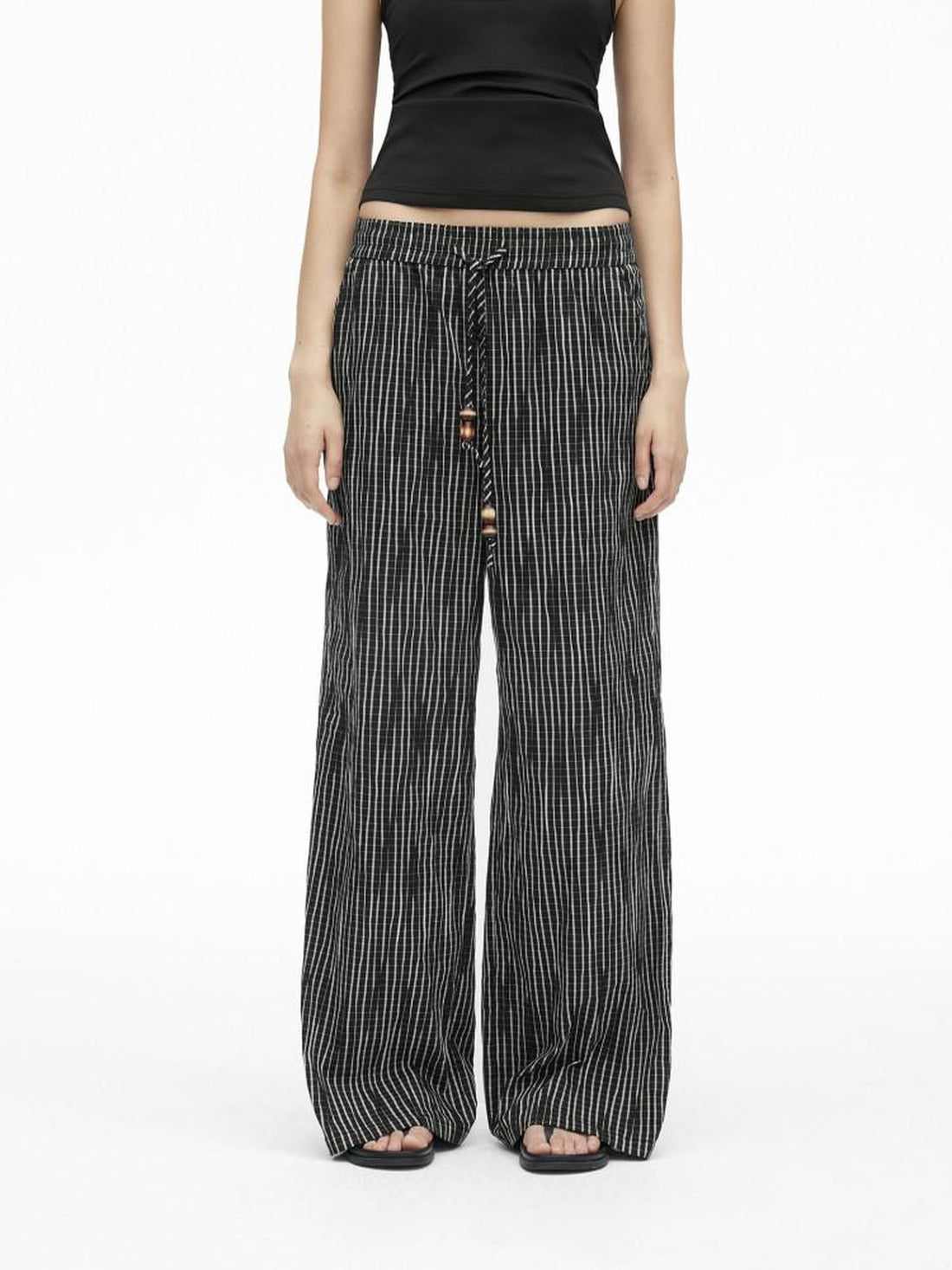 AFTADAWN Vertical Check Textured Beaded Drawstring Women&