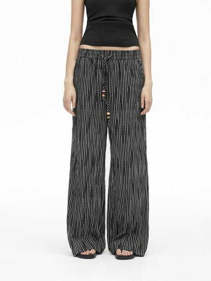 AFTADAWN Vertical Check Textured Beaded Drawstring Women&