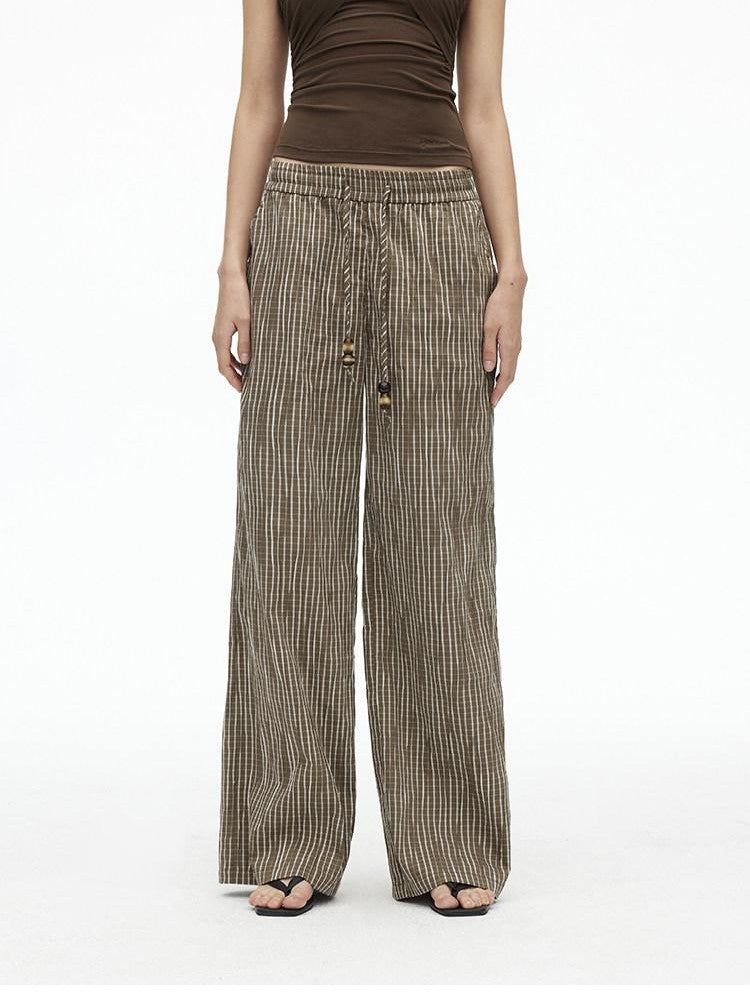 AFTADAWN Vertical Check Textured Beaded Drawstring Women&